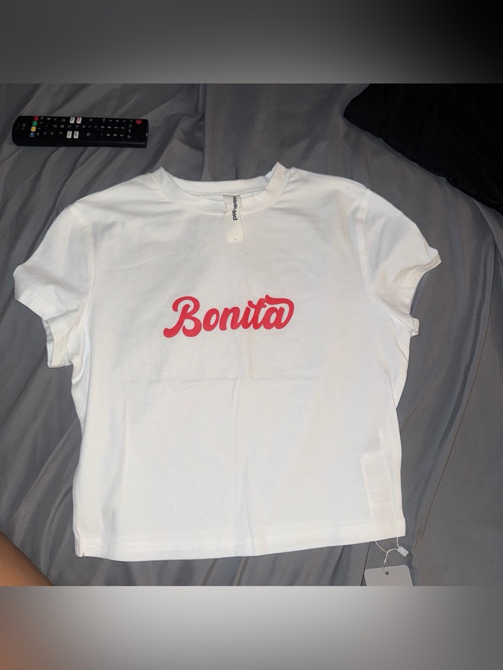 SHEIN White Crop Tee with Pink 'Bonita' Script
